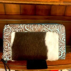 Myra Bag Turquoise and Brown Tooled Leather Wallet with Cowhide Accent